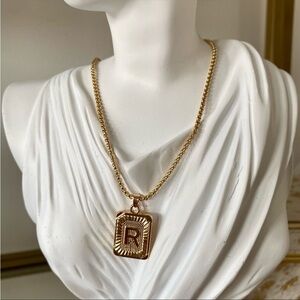 Gold Initial Necklace Letter Chainlink Card Tablet Greek Key Style R